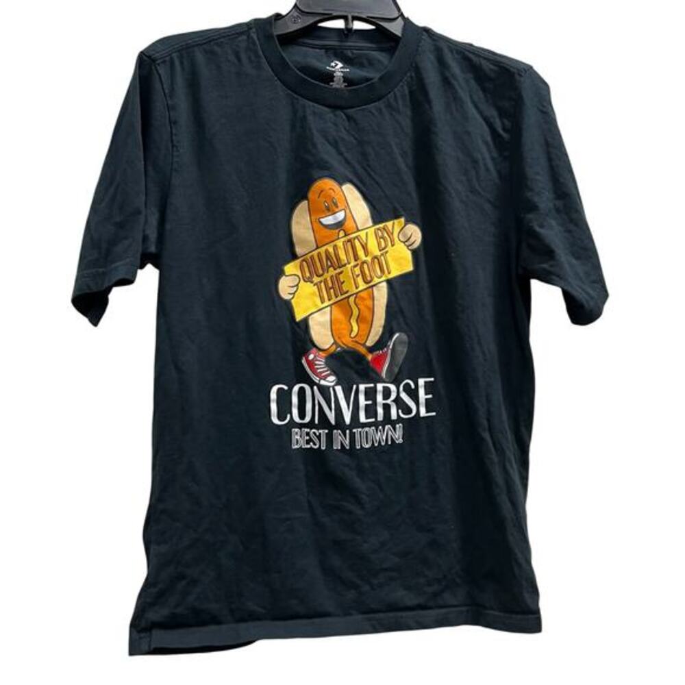 Converse black "Quality by the Foot" graphic hot dog wearing sneakers Tee sz S